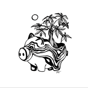 Art print for home decor of a black and white line drawing of an image of a piggy bank with a money tree growing out of it and a sun or moon next to it to symbolize abundance.